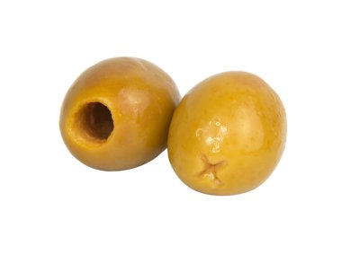 Beyaz arkaplanda iki yeşil zeytin var.