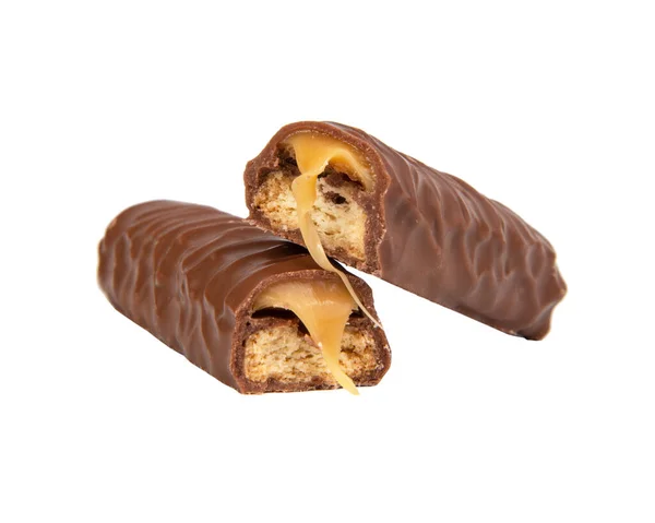 Chutné Čokoládové Tyčinky Karamel Izolované Bílém Pozadí — Stock fotografie