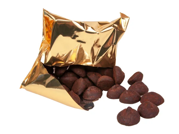 Sötét Csokoládé Szarvasgomba Édességek Csomagban Elszigetelt Fehér Alapon — Stock Fotó
