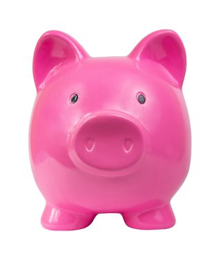 Beyaz arka planda izole edilmiş pembe kumbara.