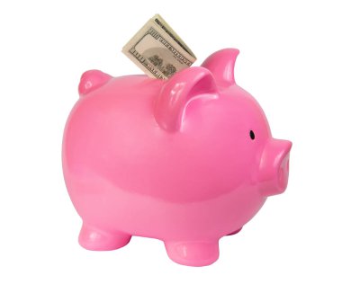 Beyaz arka planda izole edilmiş pembe domuzcuk seramik para oyuncağı