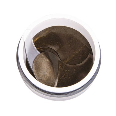 Beyaz arka planda izole edilmiş kutudaki koyu kozmetik göz bantları