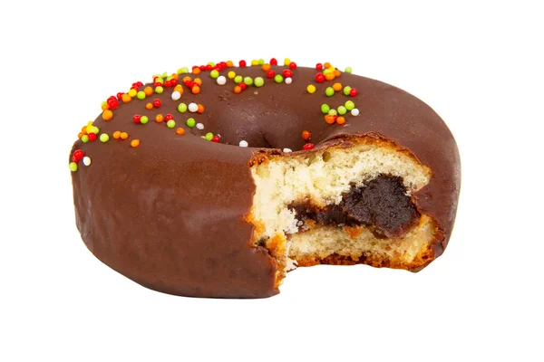 Schokolade Glasierten Donut Gegessen Isoliert Auf Dem Weißen Hintergrund — Stockfoto