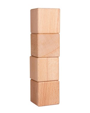 Tahta küp geometrik tuğlalar kule beyaz arka planda izole