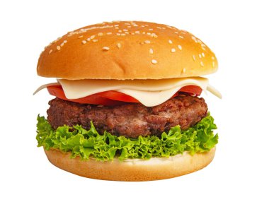 Beyaz arka planda izole edilmiş peynirli lezzetli bir hamburger.