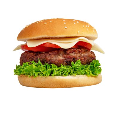 Beyaz arka planda izole edilmiş peynirli lezzetli bir hamburger.