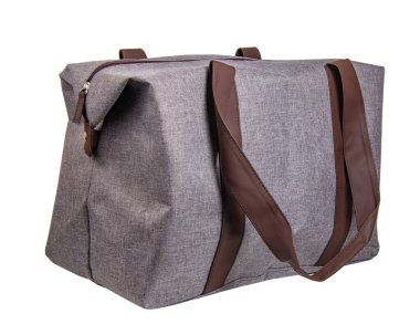 Gri tekstil seyahat çantası beyaz arka planda izole