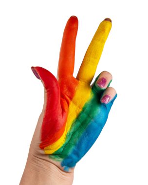 Beyaz arkaplanda izole edilmiş gökkuşağı lgbt boya rengi el.