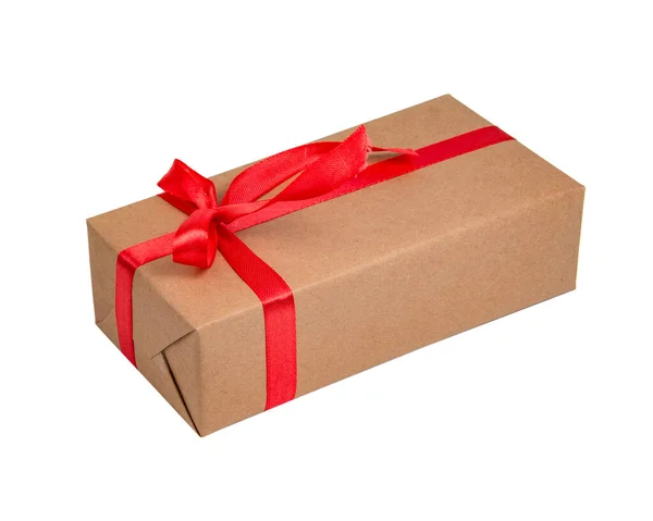 Ремесленная Коробка Подарка Красным Цветом Лук Изолирован Белом Фоне Копирайтом — стоковое фото