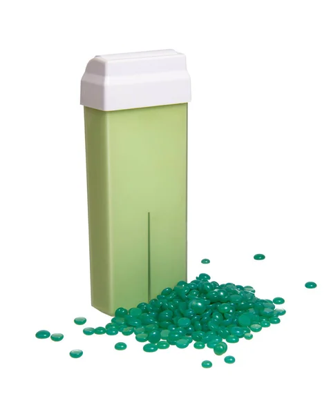 在白色背景上隔离的脱皮棉蜡用绿色盒中的热蜡 — 图库照片