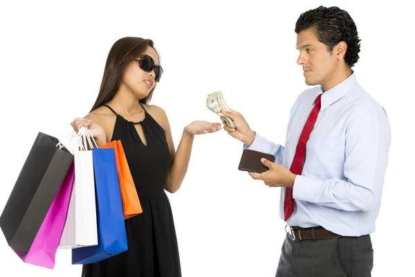 Asiatic nevasta shopping cere mai mult numerar sot — Fotografie, imagine de stoc