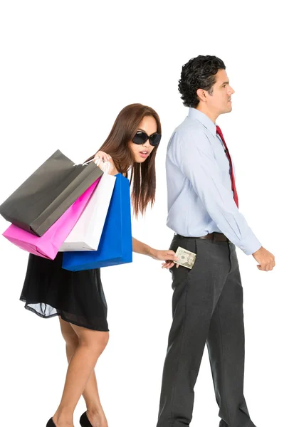 Asian Wife Stealing Money Husband Pocket Walking — Stock Photo, Image