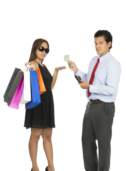 Asian Woman Shopper Accepting Money Husband At V — Stock Photo, Image