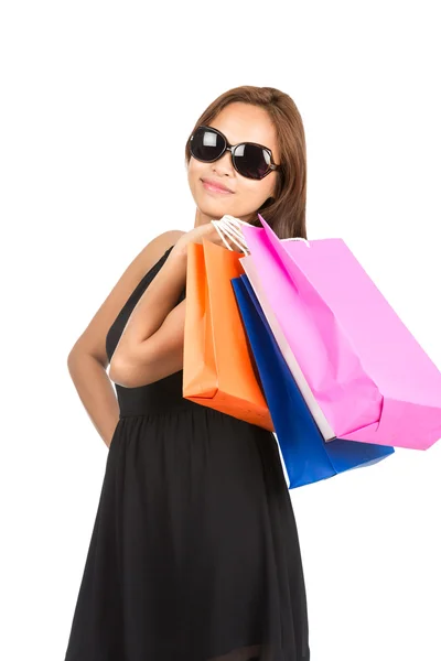 Compras mujer asiática coloridas bolsas en la cámara V — Foto de Stock