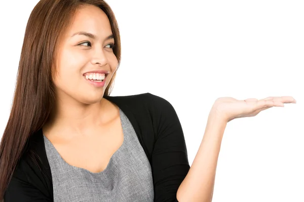 Portrait Asian Woman Hand Out Displaying Product — Stock Photo, Image