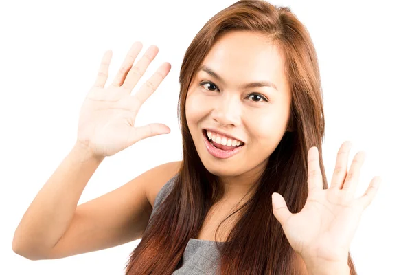 Portrait Girl Asian Style Two Hand Wave Greeting — Stock Photo, Image