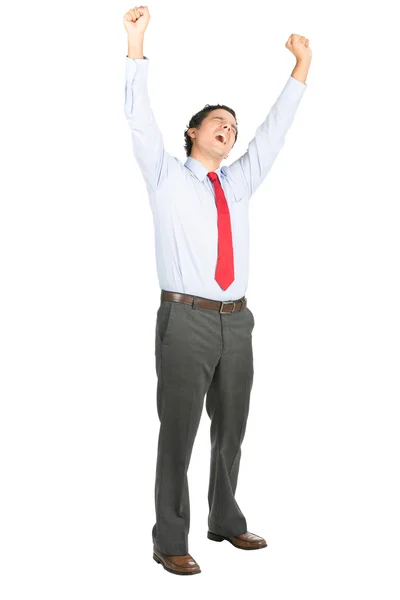 Arms Raised Celebrating Latino Office Worker Yell — Stock Photo, Image