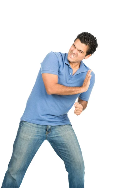 Mann mit Körpergewicht gegen Seitenteil gedrückt — Stockfoto