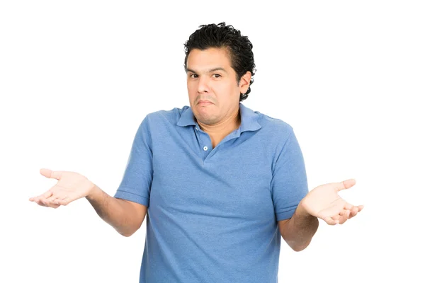 Not Sure Latino Man Shoulders Shrugging Hands Up — Stock Photo, Image