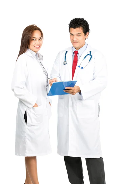 Diverse Male Female Doctor Team Smiling Charts At — Stock Photo, Image