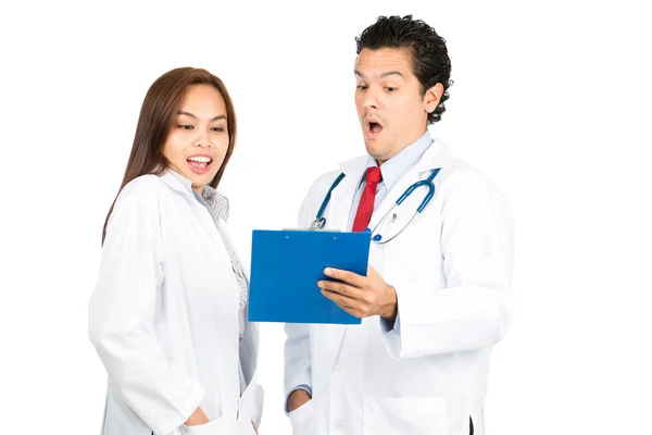 Exaggerated Male Female Doctors Team Records H — Stock Photo, Image