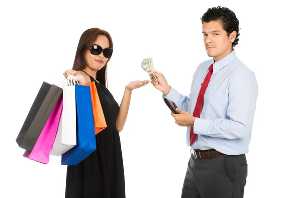 Asian Woman Shopper Accepting Money Husband At H — Stock Photo, Image