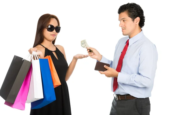 Shopaholic Wife Palm Out Money Reluctant Husband — Stock Photo, Image