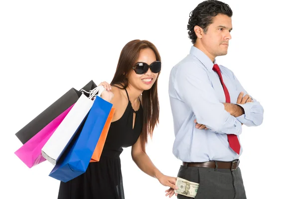 Compras Sorrindo Feminino Removendo Dinheiro Marido H — Fotografia de Stock