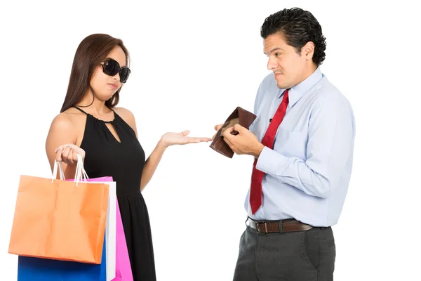 Żona wymagających nie pieniędzy biedny mąż zakupy H — Zdjęcie stockowe