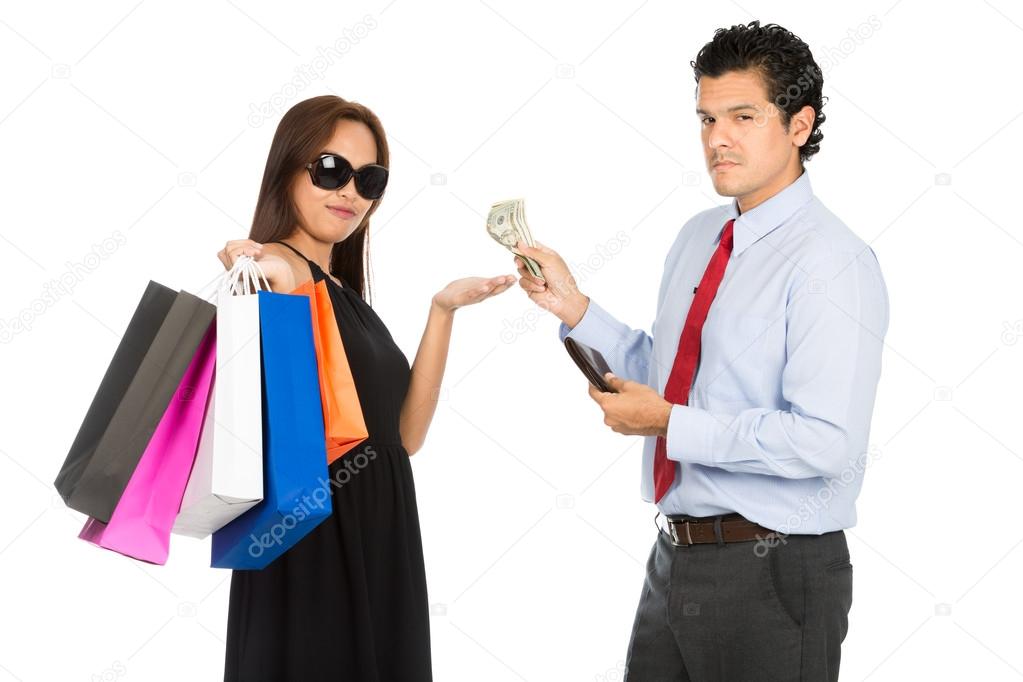 Asian Woman Shopper Accepting Money Husband At H