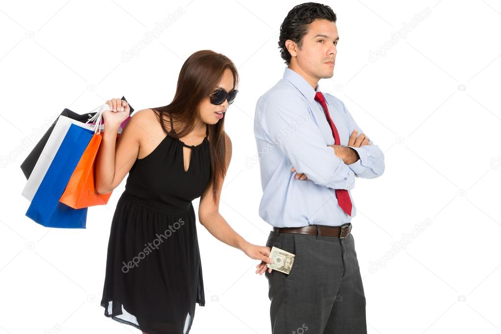 Shopping Woman Removing Money Standing Husband H
