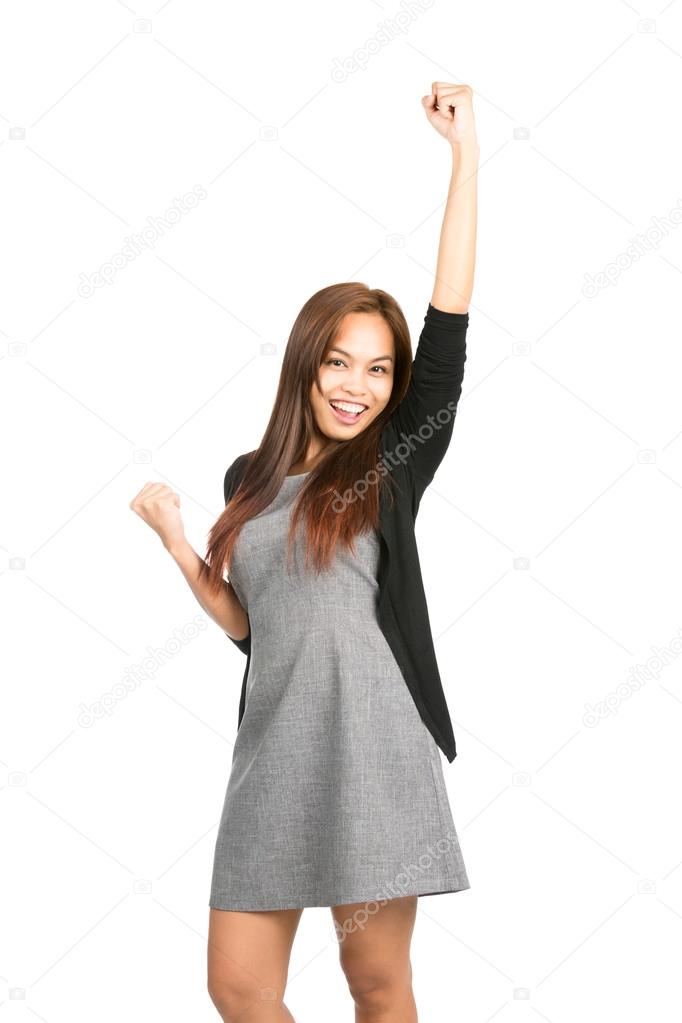 Celebrating Asian Female Fist Pumping Arm Raised