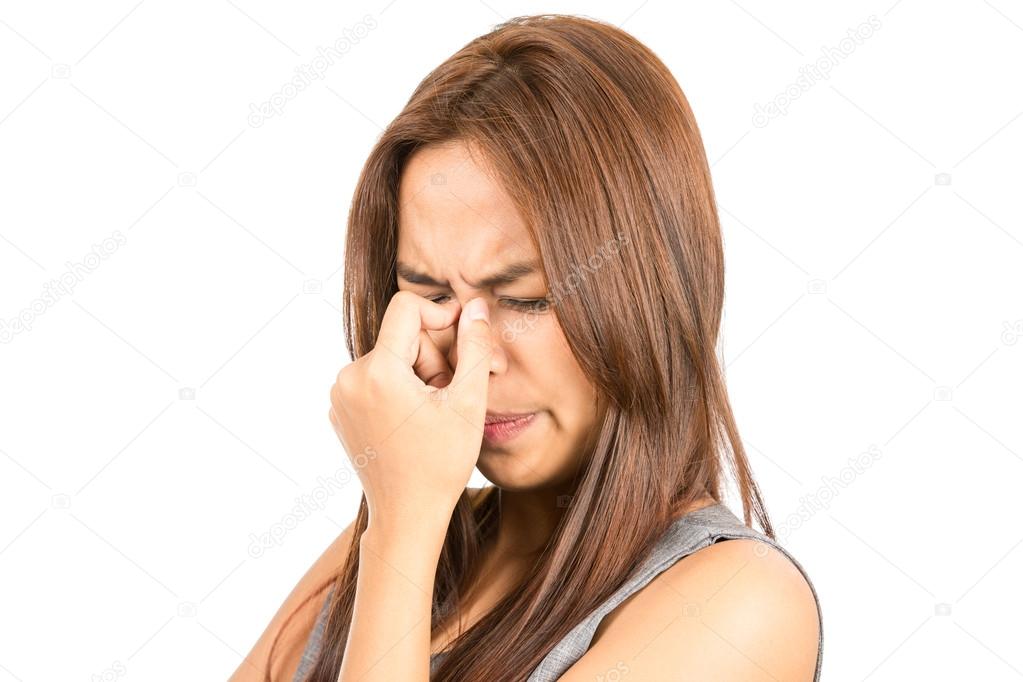 Close Up Frowning Asian Woman Headache 