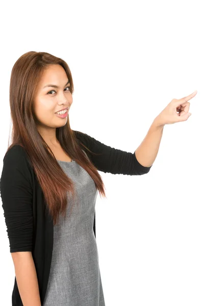 Pushing Button Asian Woman Looking At Camera V — Stock Photo, Image