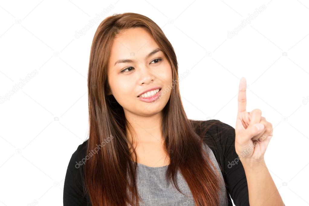 Asian Woman Index Finger Pressing Looking Away H