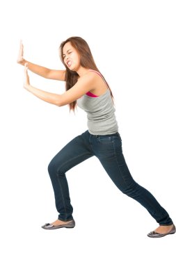 Woman Extended Arms Pushing Against Side Object