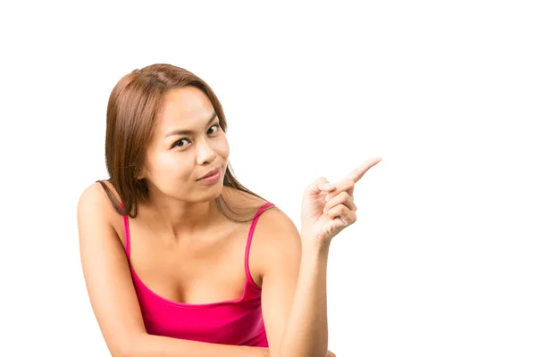 Finger Pointing Copy Space Asian Woman Looking At — 图库照片