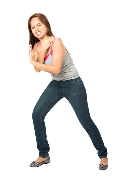 Straining Woman Leaning Shoulder Against Object — Stock fotografie