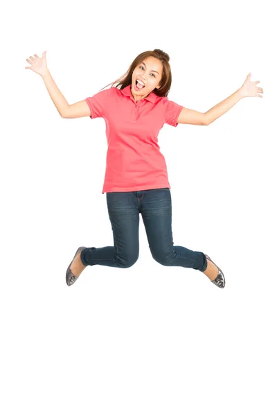 Extrema feliz salto médio ar ásia mulher espalhar — Fotografia de Stock