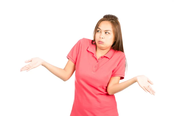 Not Sure Asian Woman Shoulders Shrugging Hands Up — Stock Photo, Image