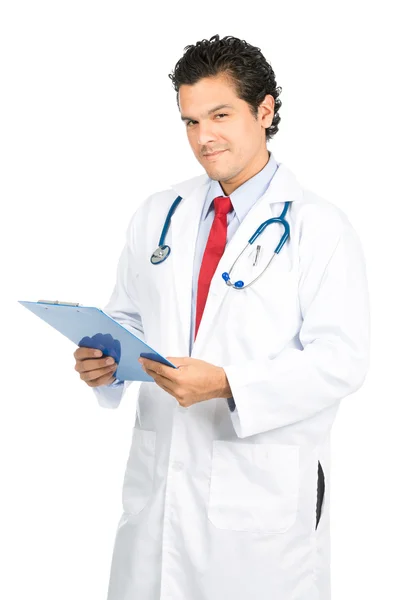 Male Latino Doctor Head Tilted Compassionate At — Stock Photo, Image