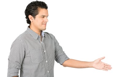 Offering Handshake Smiling Hispanic Man Away Side