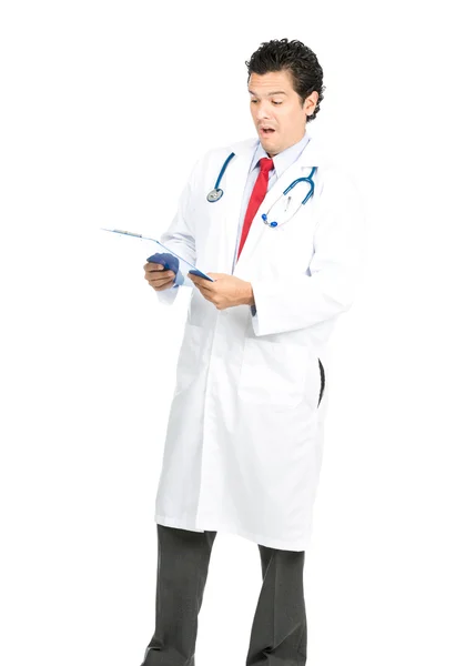 Hispanic Male Doctor Surprised Charts Full V — Stock Photo, Image