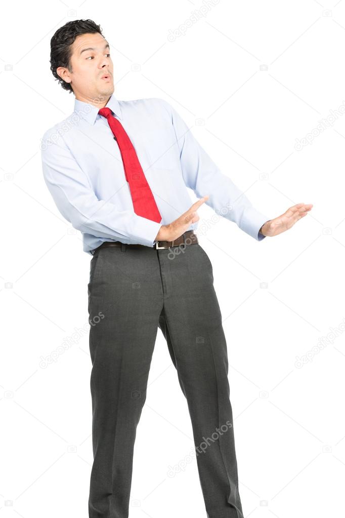 Arms Out Defesnive Posture Hispanic Businessman