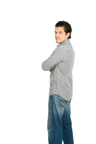 Reserved Hispanic Man At Camera Over Shoulder V — Stock Fotó