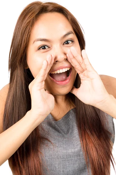 Close up Asian Girl Yelling Hands Around Mouth V — Stock fotografie