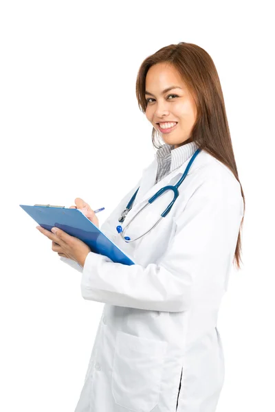 Mujer asiática doctor sonriendo escritura lado a mitad —  Fotos de Stock