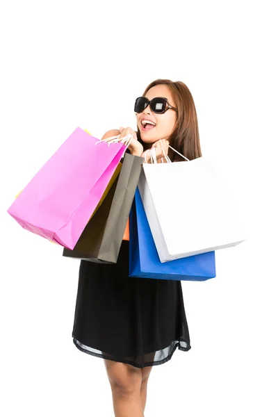 Asian Female Shopper Mouthing Bags Away Camera V — Stock Photo, Image