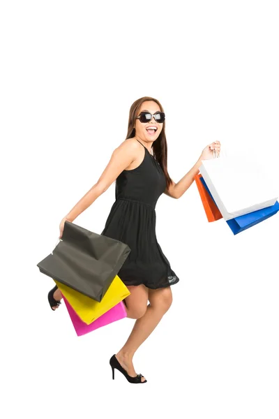 Asian Female Shopper Hurrying Big Smile Bags — Stock Photo, Image
