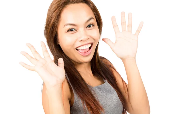 Surprised Happy To See Friend Asian Girl Hands Up — Stock Photo, Image